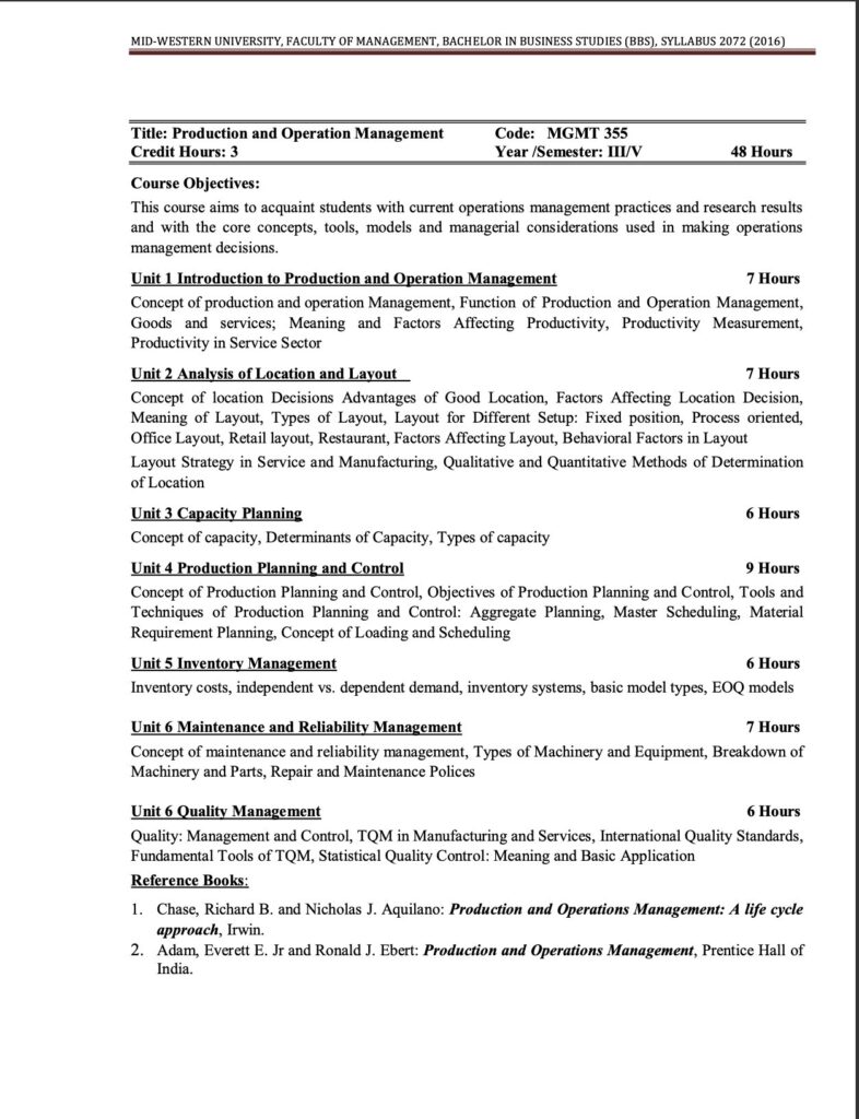 Syllabus of Production and Operation Management