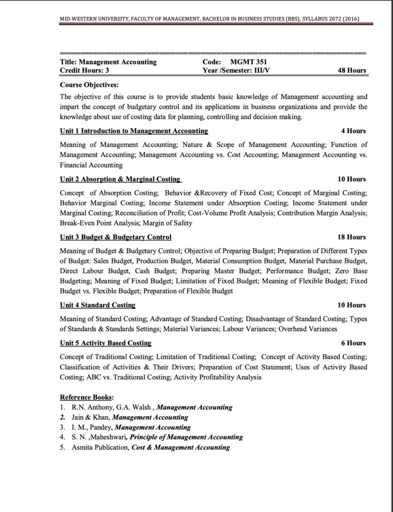 Syllabus of Management Accounting