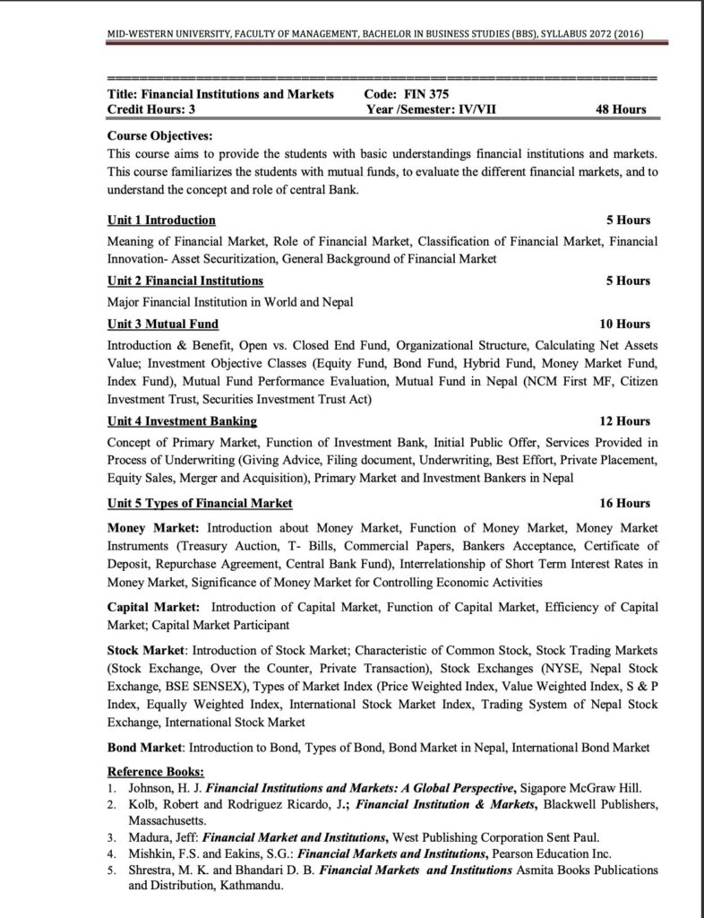 Syllabus of Financial Institutions and Markets