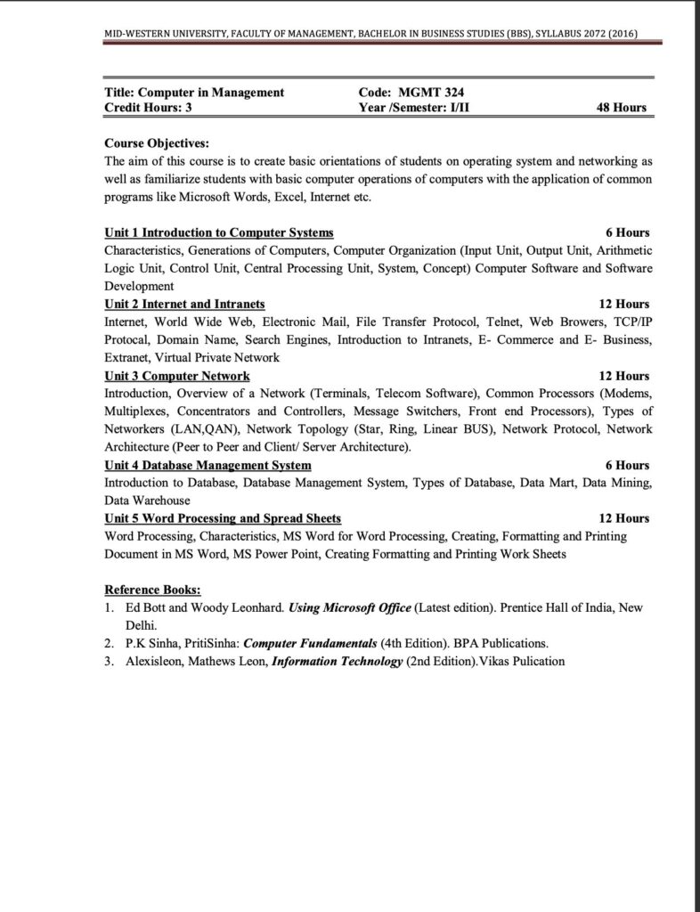 Syllabus of Computer in Management