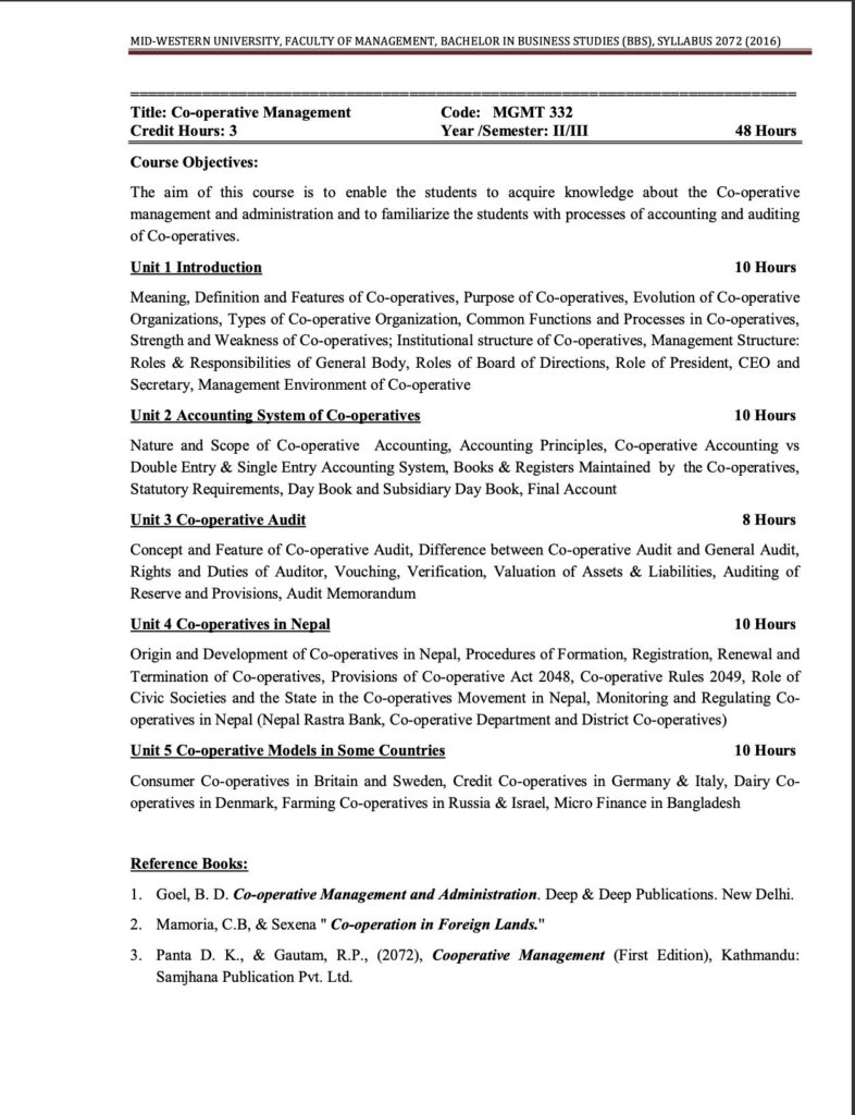 Syllabus of Co-operative Management